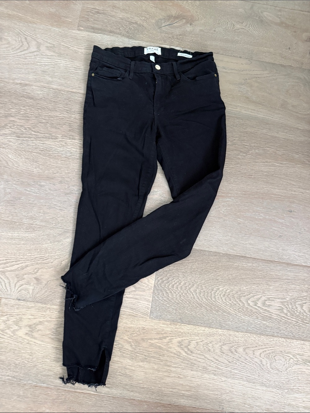 Frame Denim Black Skinny Jeans with Raw Hem
